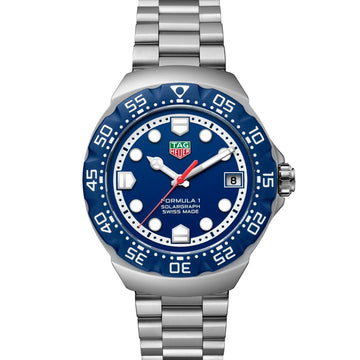 TAG Heuer Formula 1 Solargraph men’s watch WBY1112.BA0042 with blue bezel, blue dial and date window.