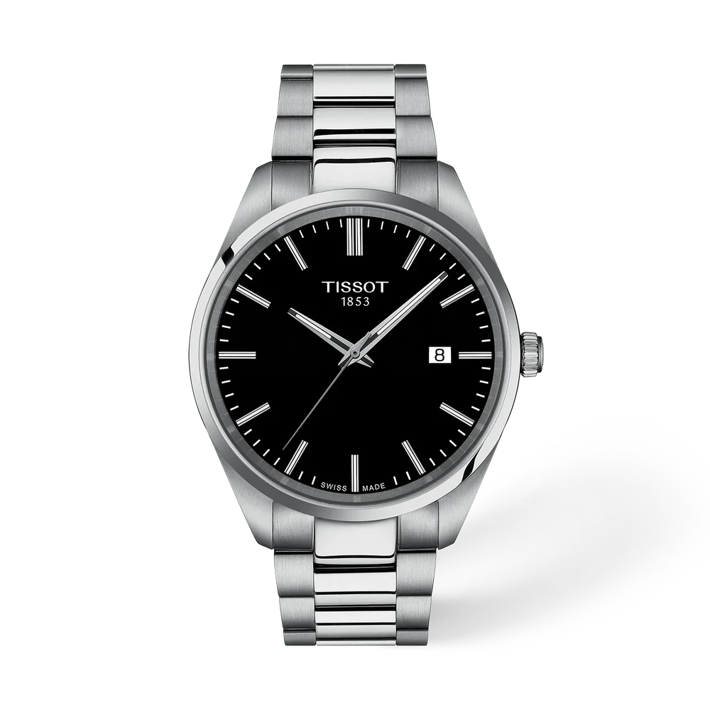 Tissot PR 100 40mm watch with black dial and stainless steel bracelet
