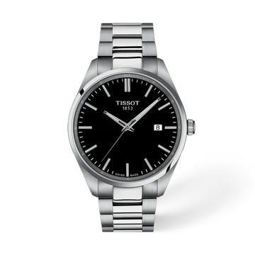 Tissot PR 100 40mm watch with black dial and stainless steel bracelet