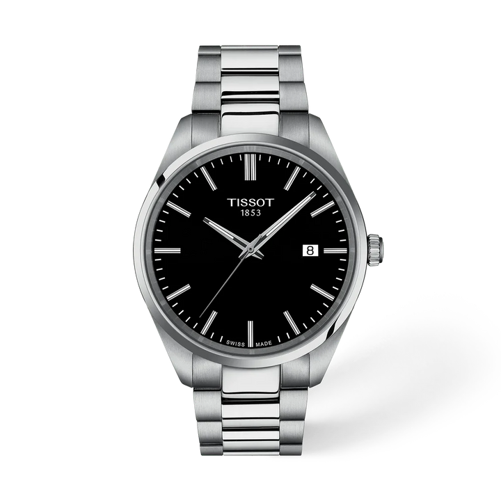Tissot PR 100 40mm watch with black dial and stainless steel bracelet