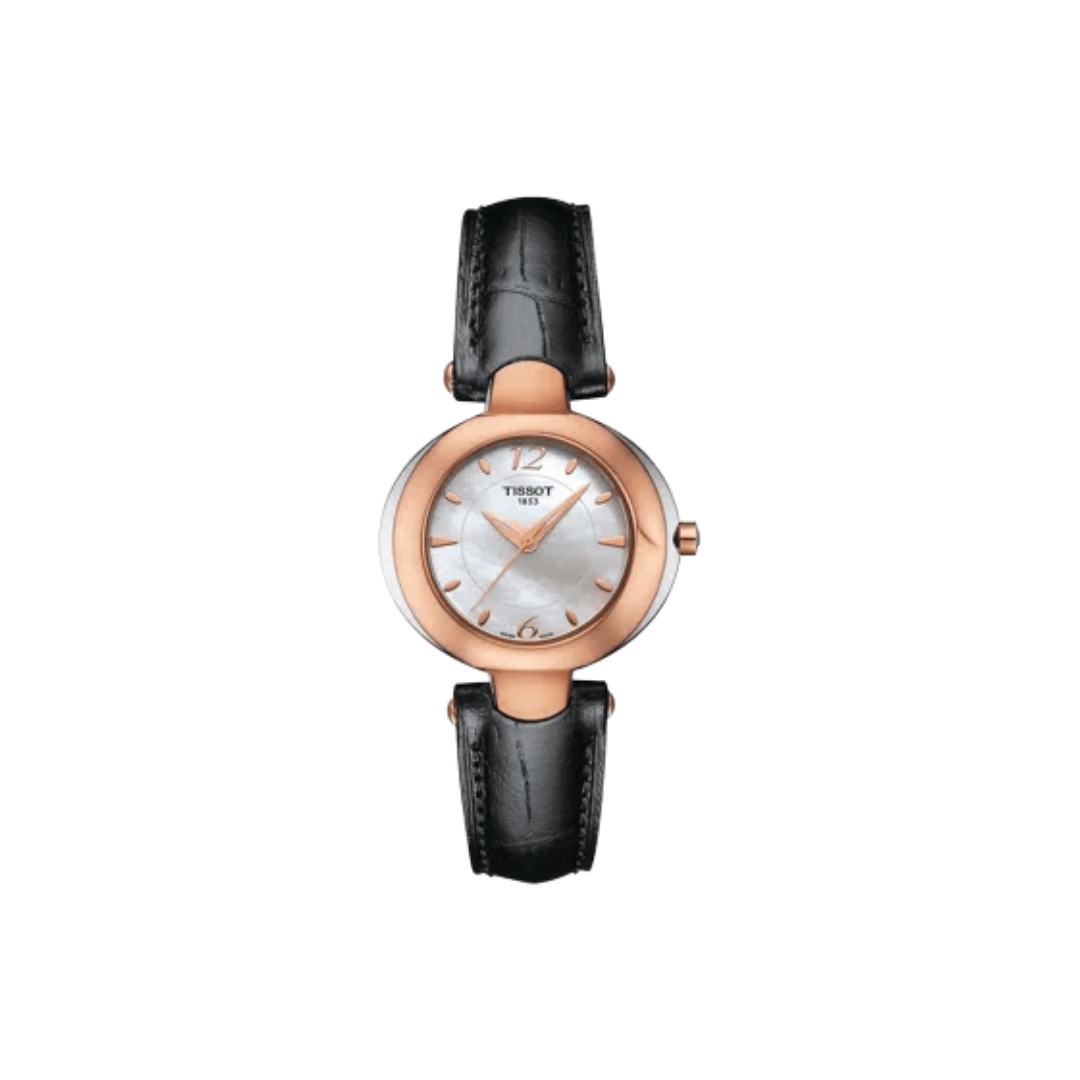 Tissot Organdy Lady 18K rose gold oval dress watch with white mother-of-pearl dial on black leather strap, available at Deacons and Sons Jewellers