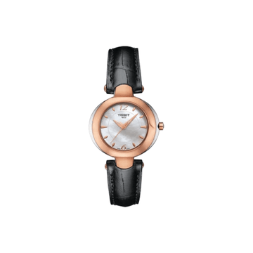 Tissot Organdy Lady 18K rose gold oval dress watch with white mother-of-pearl dial on black leather strap, available at Deacons and Sons Jewellers