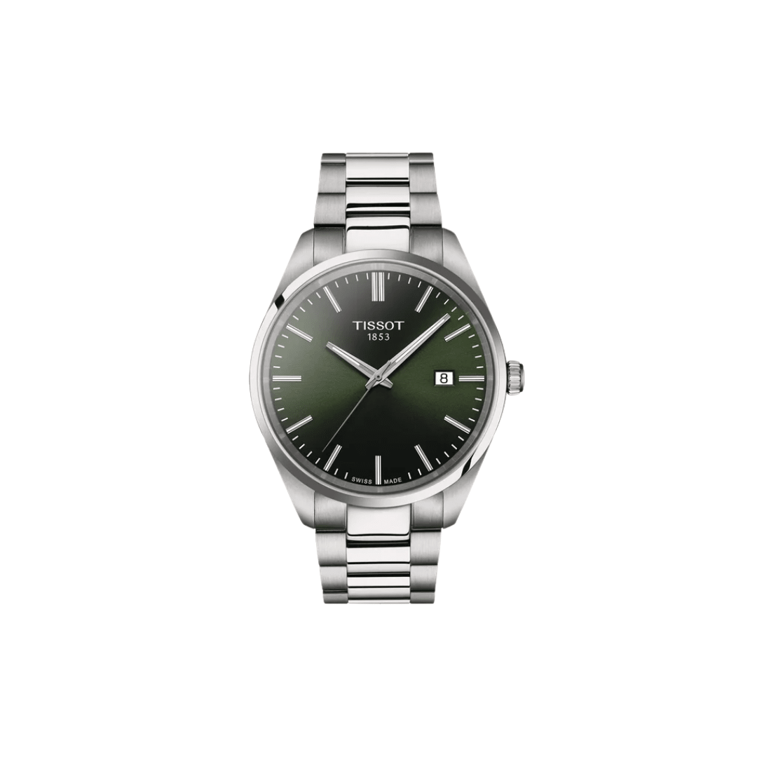 Tissot PR 100 green dial stainless steel bracelet watch front view