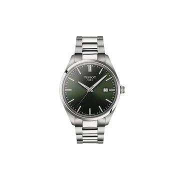 Tissot PR 100 green dial stainless steel bracelet watch front view