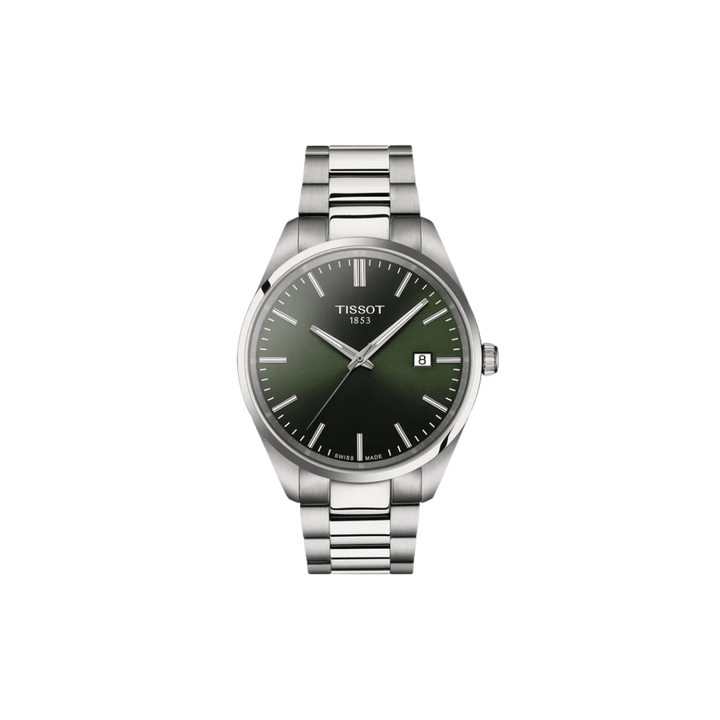 Tissot PR 100 green dial stainless steel bracelet watch front view