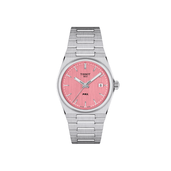 Tissot PRX T137.210.11.331.00 pink sunray dial with applied indexes and date window 35mm