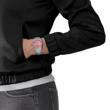 Tissot Pink dial PRX on the wrist, ladies and gents watch 35mm