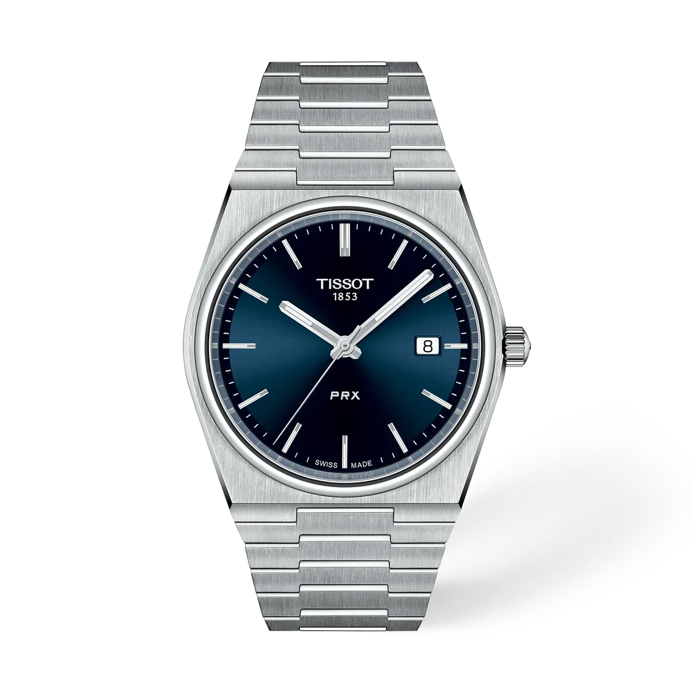 Tissot PRX 40mm quartz watch with blue dial and integrated stainless steel bracelet
