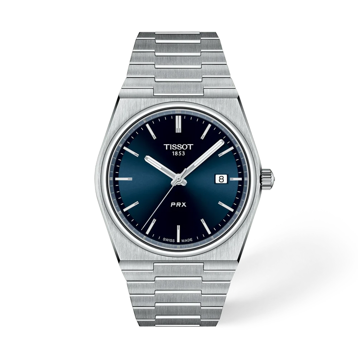 Tissot PRX 40mm quartz watch with blue dial and integrated stainless steel bracelet

