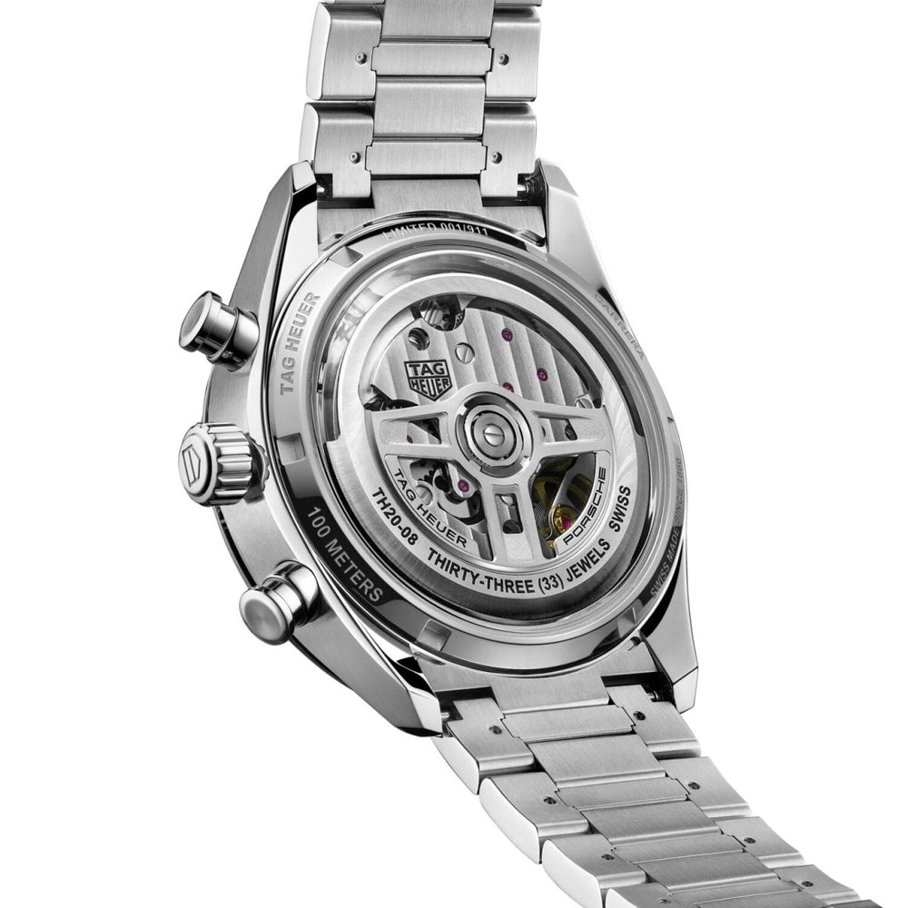 Tag Heuer Carrera x Porsche open case back revealing self-winding movement styled and inspired by the steering wheel of a Porsche 