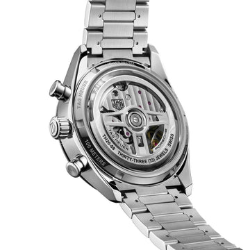Tag Heuer Carrera x Porsche open case back revealing self-winding movement styled and inspired by the steering wheel of a Porsche 