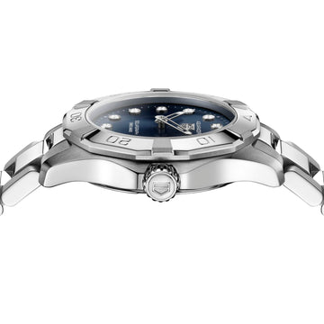 TAG Heuer Aquaracer 28mm stainless steel watch with blue dial and diamonds