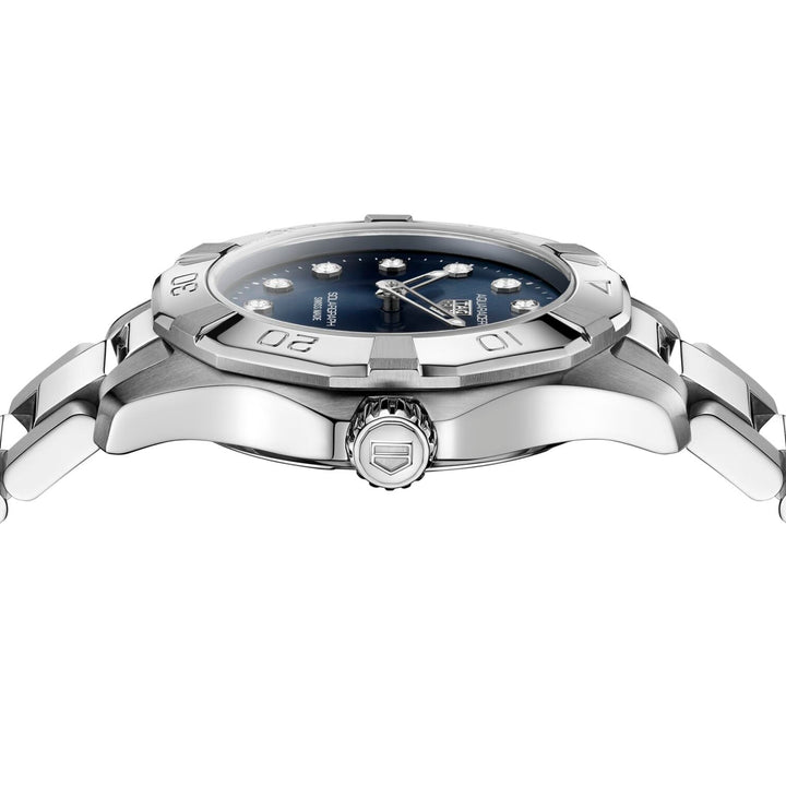 TAG Heuer Aquaracer 28mm stainless steel watch with blue dial and diamonds