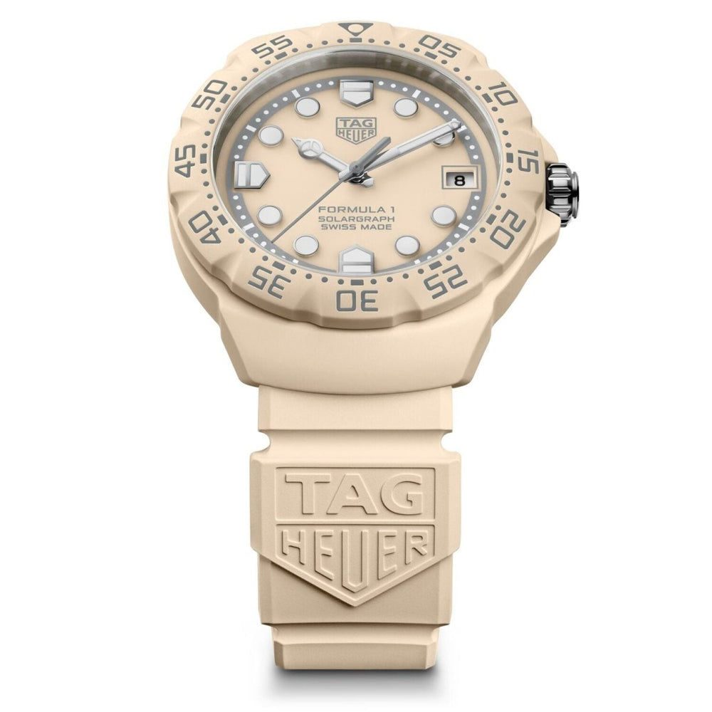 Dial close-up: TAG Heuer Formula 1 Solargraph beige opalin dial with rhodium-plated indexes and date window
