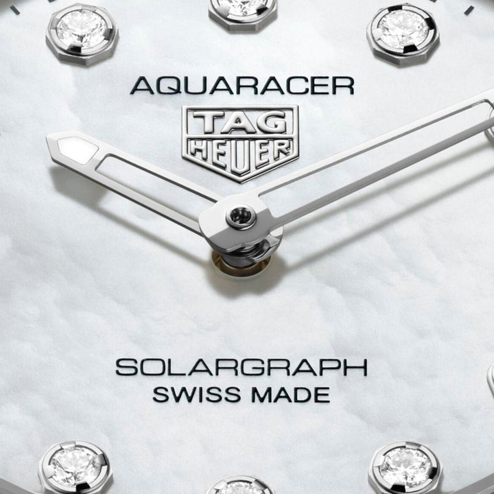 TAG Heuer Aquaracer ladies Swiss watch featuring a luminous mother-of-pearl dial and stainless steel case