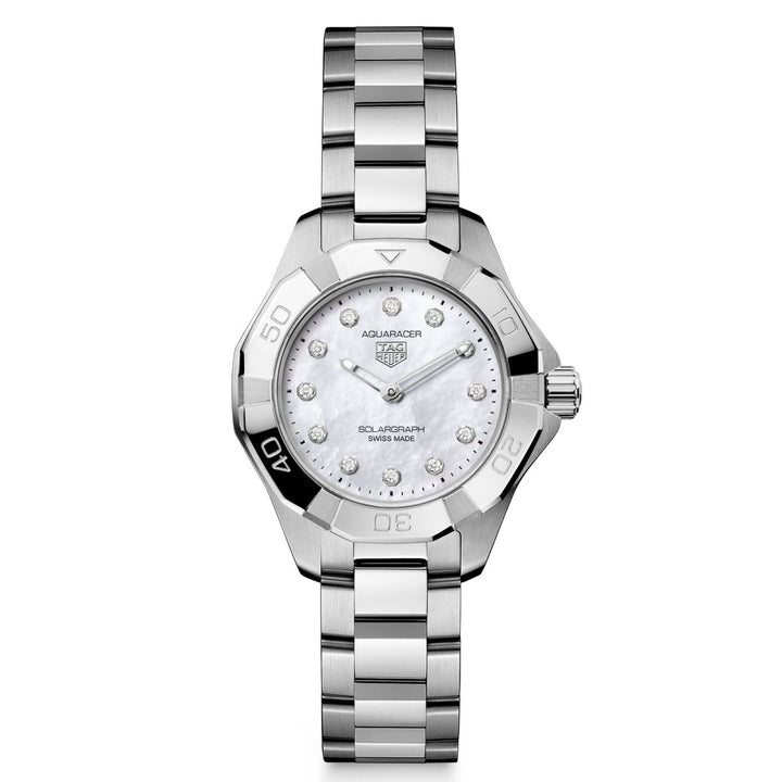 TAG Heuer Aquaracer Professional 100 Solargraph WBP141H.BA0049 with white mother-of-pearl dial and diamond hour markers