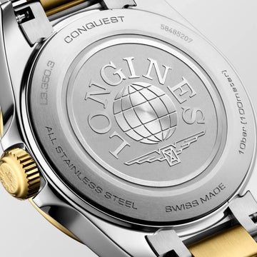 Two-tone Longines Conquest watch with white dial and stainless steel bracelet
