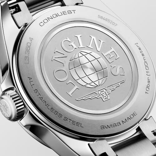 Ladies Longines Conquest watch with stainless steel bracelet and mother-of-pearl dial