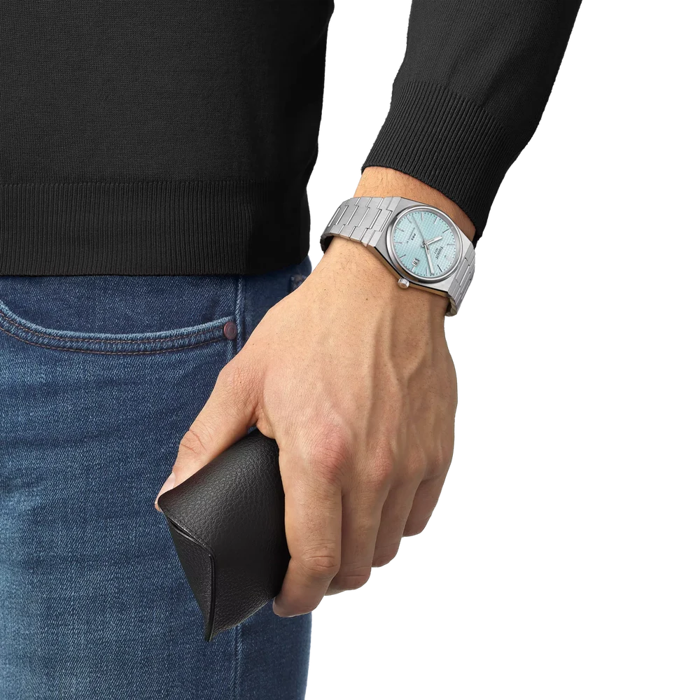 Tissot PRX T1374071135100 ice blue dial automatic watch with integrated steel bracelet

