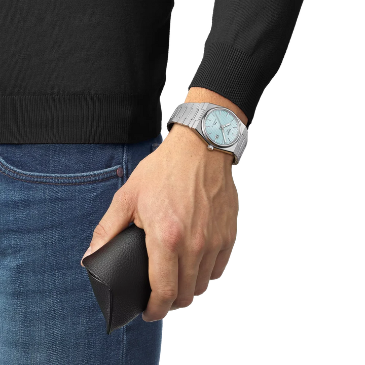 Tissot PRX T1374071135100 ice blue dial automatic watch with integrated steel bracelet
