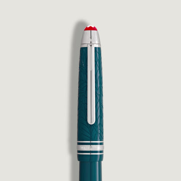 Close-up of the Montblanc Meisterstück Romeo & Juliet LeGrand Rollerball showcasing teal resin barrel and platinum-coated trim.