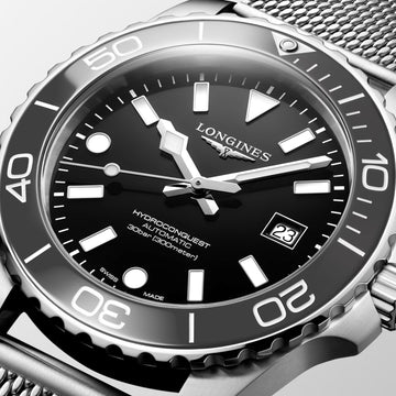 Longines HydroConquest automatic watch with black dial, ceramic bezel and date display