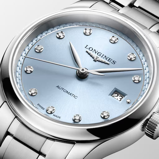 Longines L2.449.4.97.6 automatic watch with blue sunray dial and eleven diamond hour markers