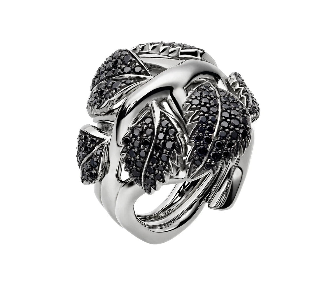 Shaun Leane Blackthorn sterling silver leaf statement ring with black spinel and freshwater pearls