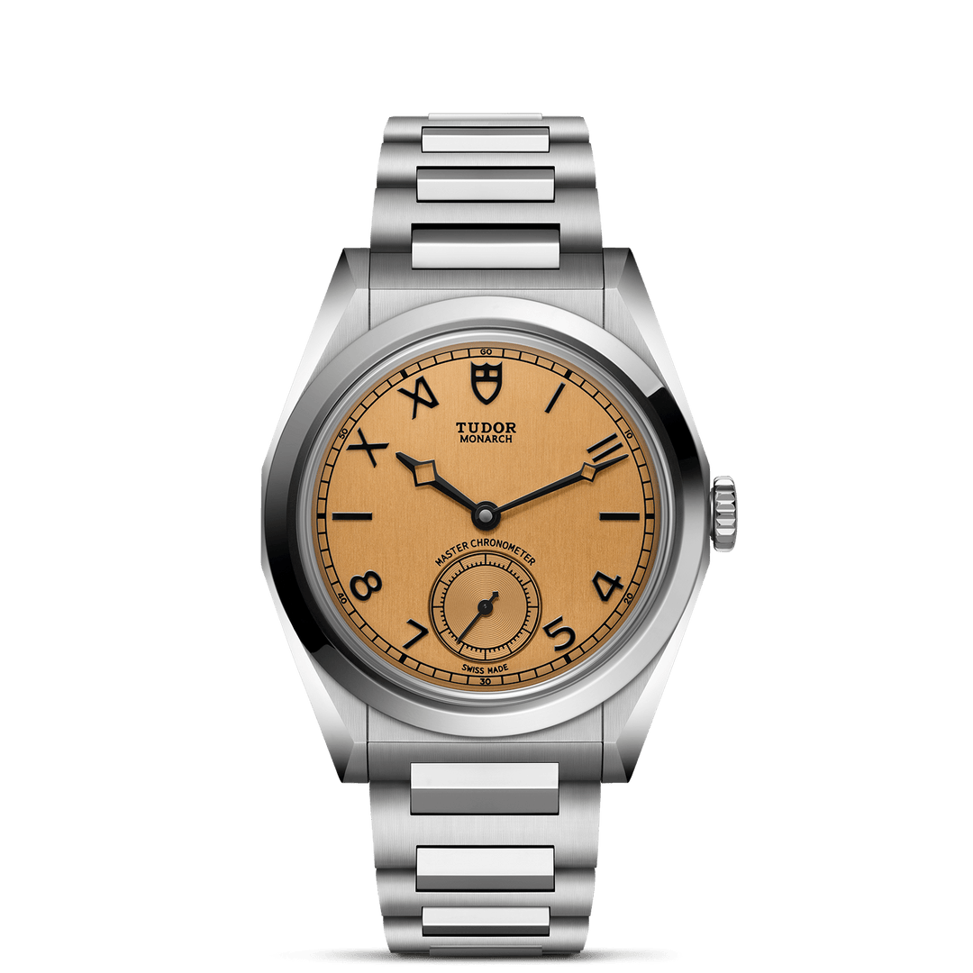 TUDOR Monarch M2639W1A0U-0001 with dark champagne papyrus-inspired dial and stainless steel bracelet.
