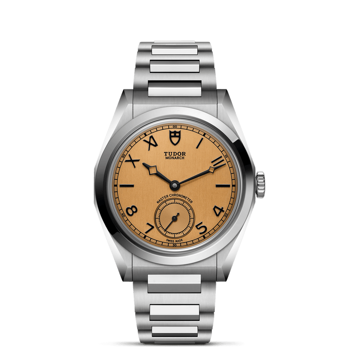 TUDOR Monarch M2639W1A0U-0001 with dark champagne papyrus-inspired dial and stainless steel bracelet.