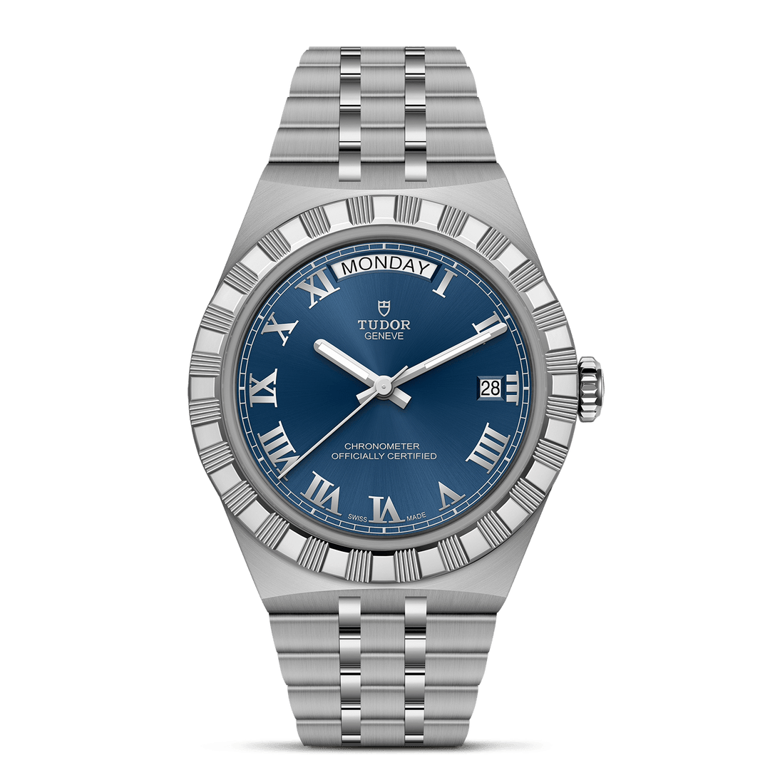 TUDOR Royal Blue dial, roman numerals and integrated steel bracelet and COSC-certified automatic movement.