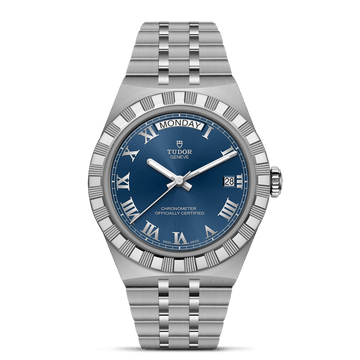 TUDOR Royal Blue dial, roman numerals and integrated steel bracelet and COSC-certified automatic movement.