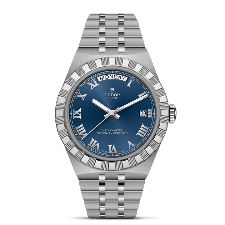 TUDOR Royal Blue dial, roman numerals and integrated steel bracelet and COSC-certified automatic movement.