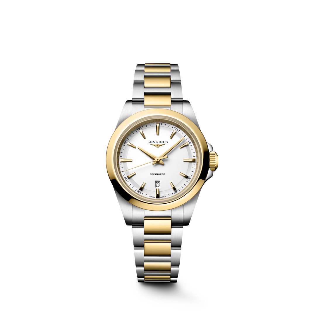 Longines Conquest L3.350.3.12.7 with white sandblasted dial and yellow PVD two-tone bracelet