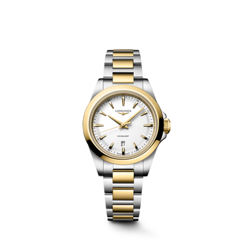 Longines Conquest L3.350.3.12.7 with white sandblasted dial and yellow PVD two-tone bracelet