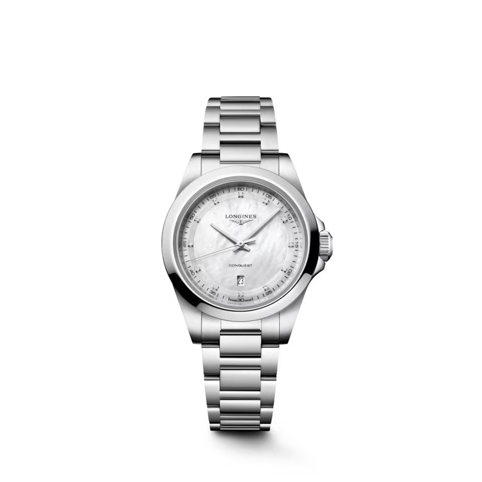 Longines Conquest L3.350.4.87.6 with white mother-of-pearl dial and stainless steel bracelet