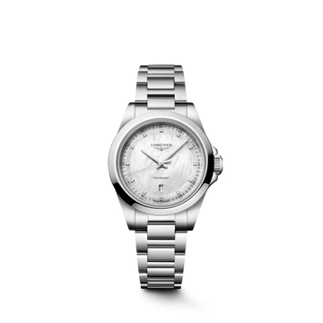 Longines Conquest L3.350.4.87.6 with white mother-of-pearl dial and stainless steel bracelet