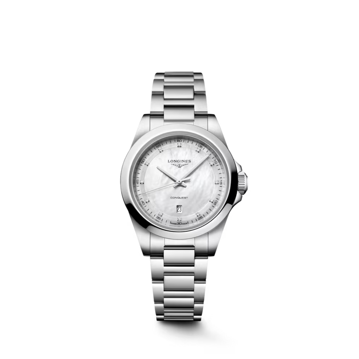Longines Conquest L3.350.4.87.6 with white mother-of-pearl dial and stainless steel bracelet
