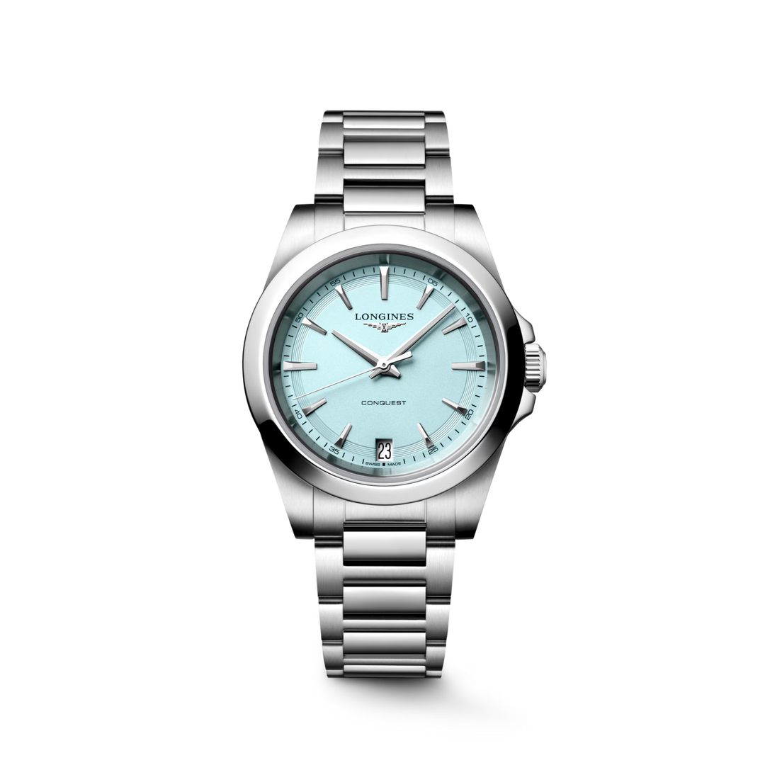 Longines Conquest 34mm watch with mint blue dial and stainless steel bracelet
