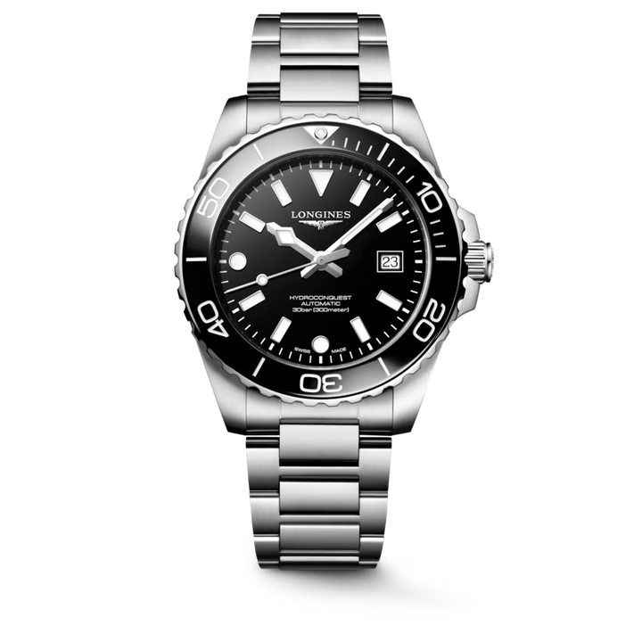 Longines HydroConquest L3.788.4.56.6 with black lacquered dial and stainless steel bracelet