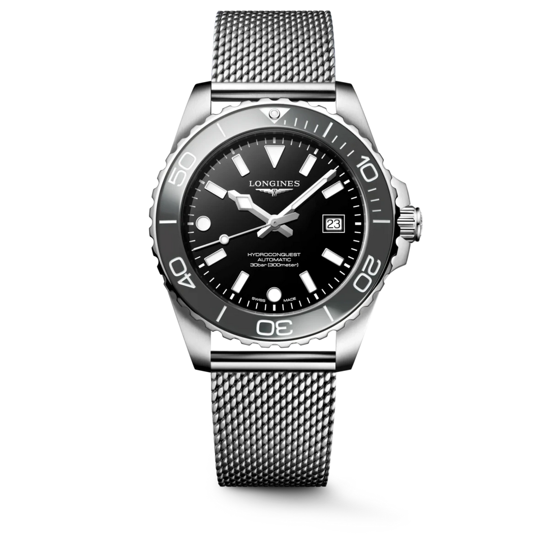 Longines HydroConquest L3.788.4.70.6 automatic dive watch with black dial and stainless steel bracelet