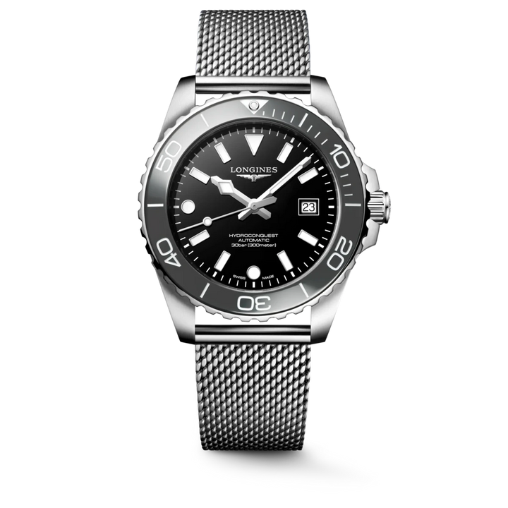 Longines HydroConquest L3.788.4.70.6 automatic dive watch with black dial and stainless steel bracelet