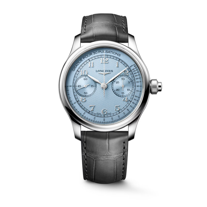 Longines Master Collection Chrono Monopusher L2.960.4.93.2 with frosted blue barleycorn dial