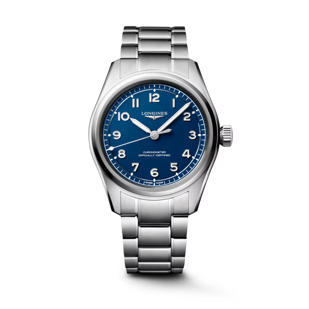 Longines Spirit Pilot 39mm watch with matt blue dial and stainless steel bracelet
