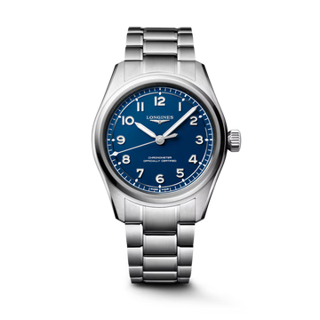 Longines Spirit Pilot 39mm watch with matt blue dial and stainless steel bracelet

