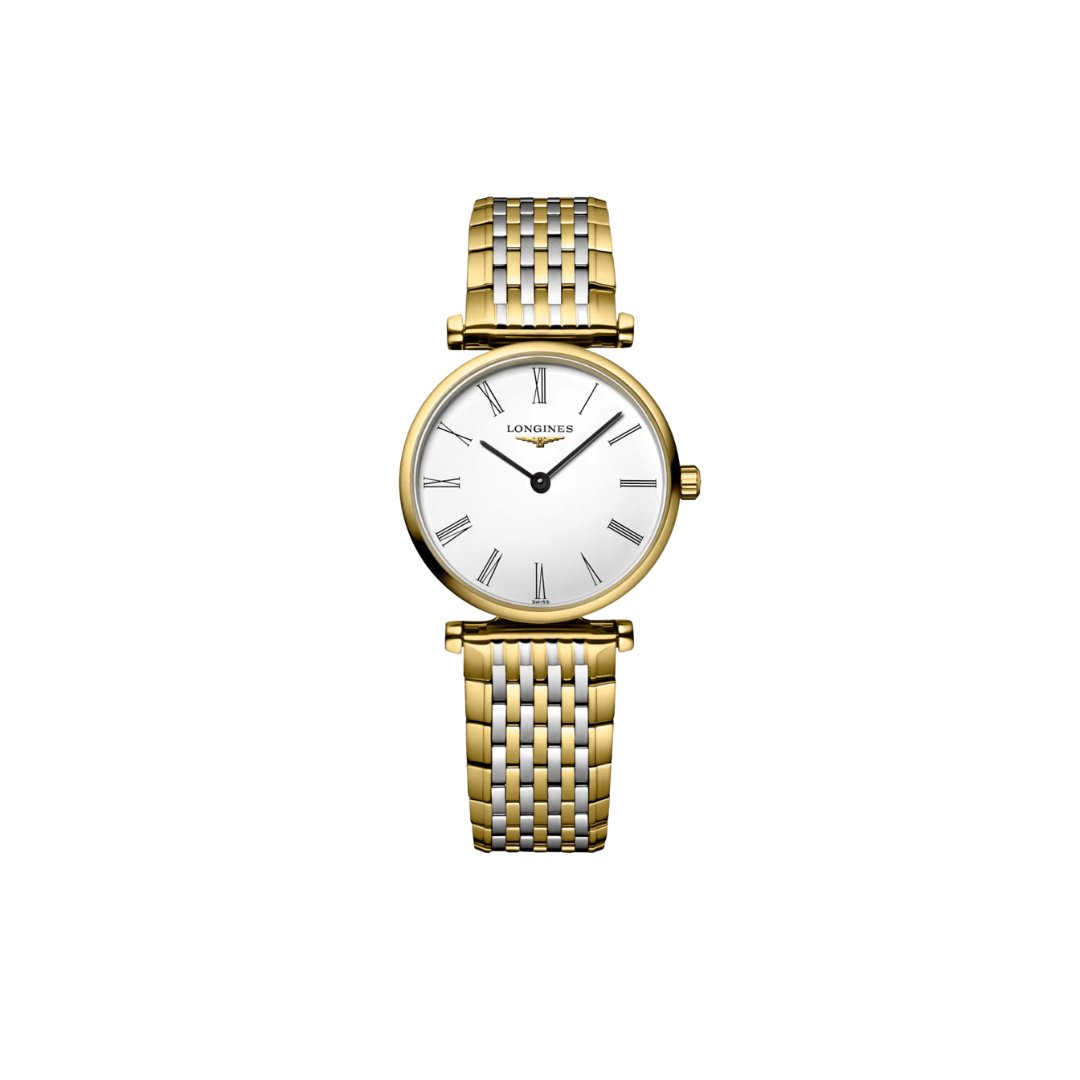 Close-up of Longines La Grande Classique white dial with yellow gold and steel bracelet