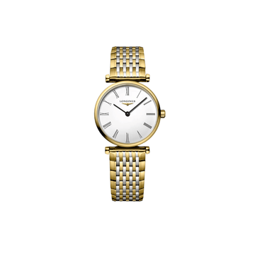 Close-up of Longines La Grande Classique white dial with yellow gold and steel bracelet