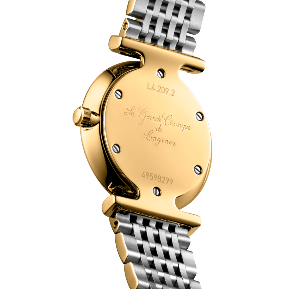 case back of Longines La Grande Classique ultra-thin case in gold and steel finish