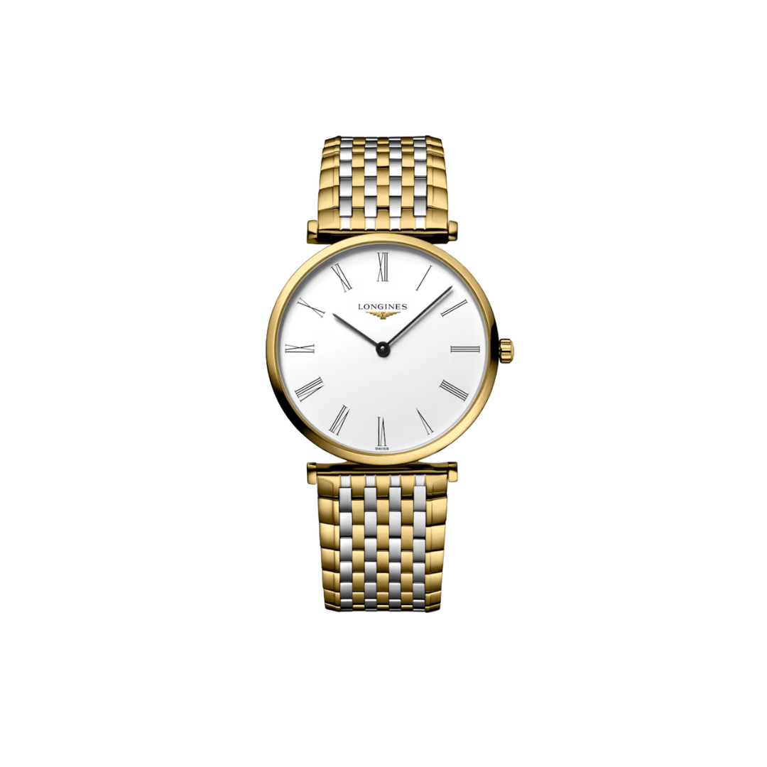 Close-up of Longines La Grande Classique white dial with gold and steel bracelet