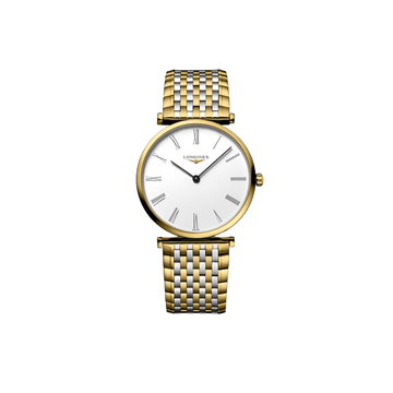Close-up of Longines La Grande Classique white dial with gold and steel bracelet
